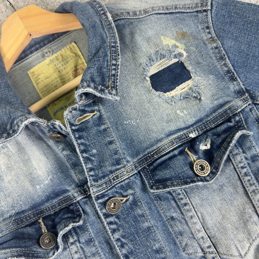 Smoke Rise DNM Co Mens Distressed Paint Splatter Denim Trucker Jacket Medium